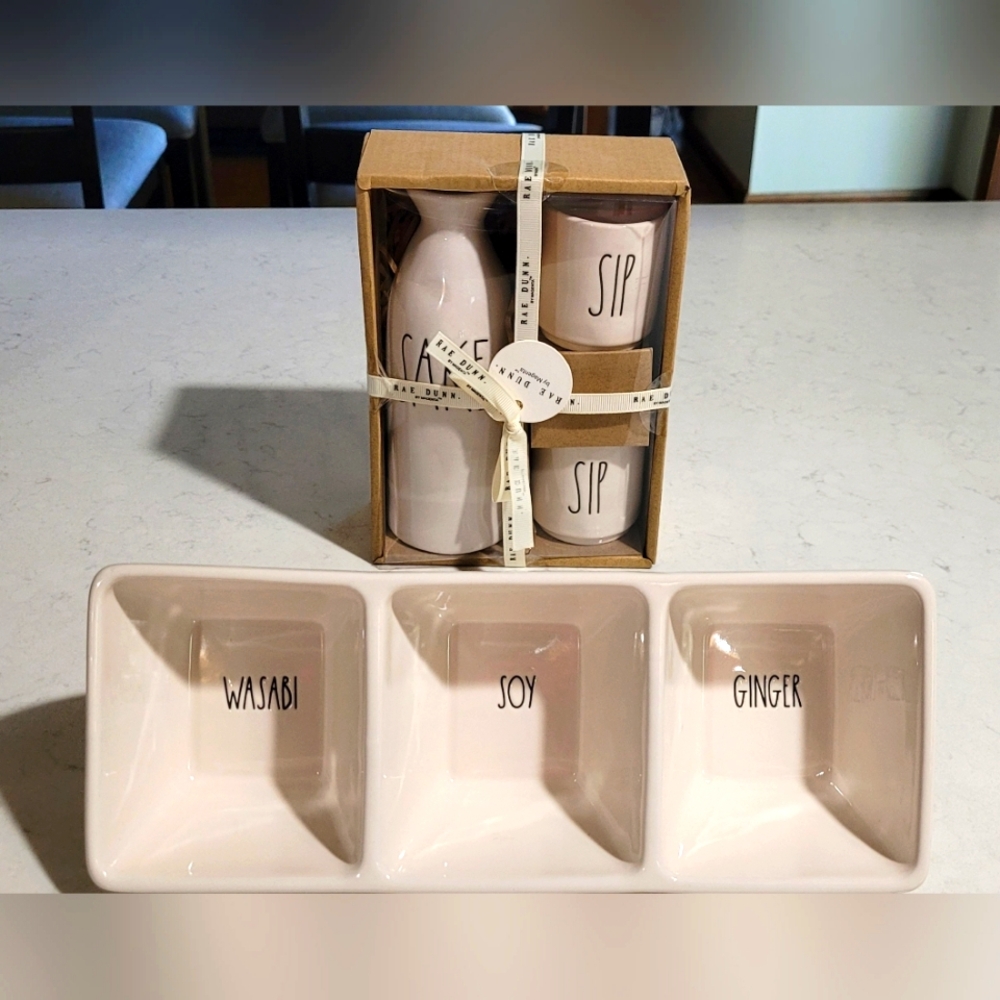Rae Dunn Sake Sip Set + Wasabi, Soy Ginger Divided Dish